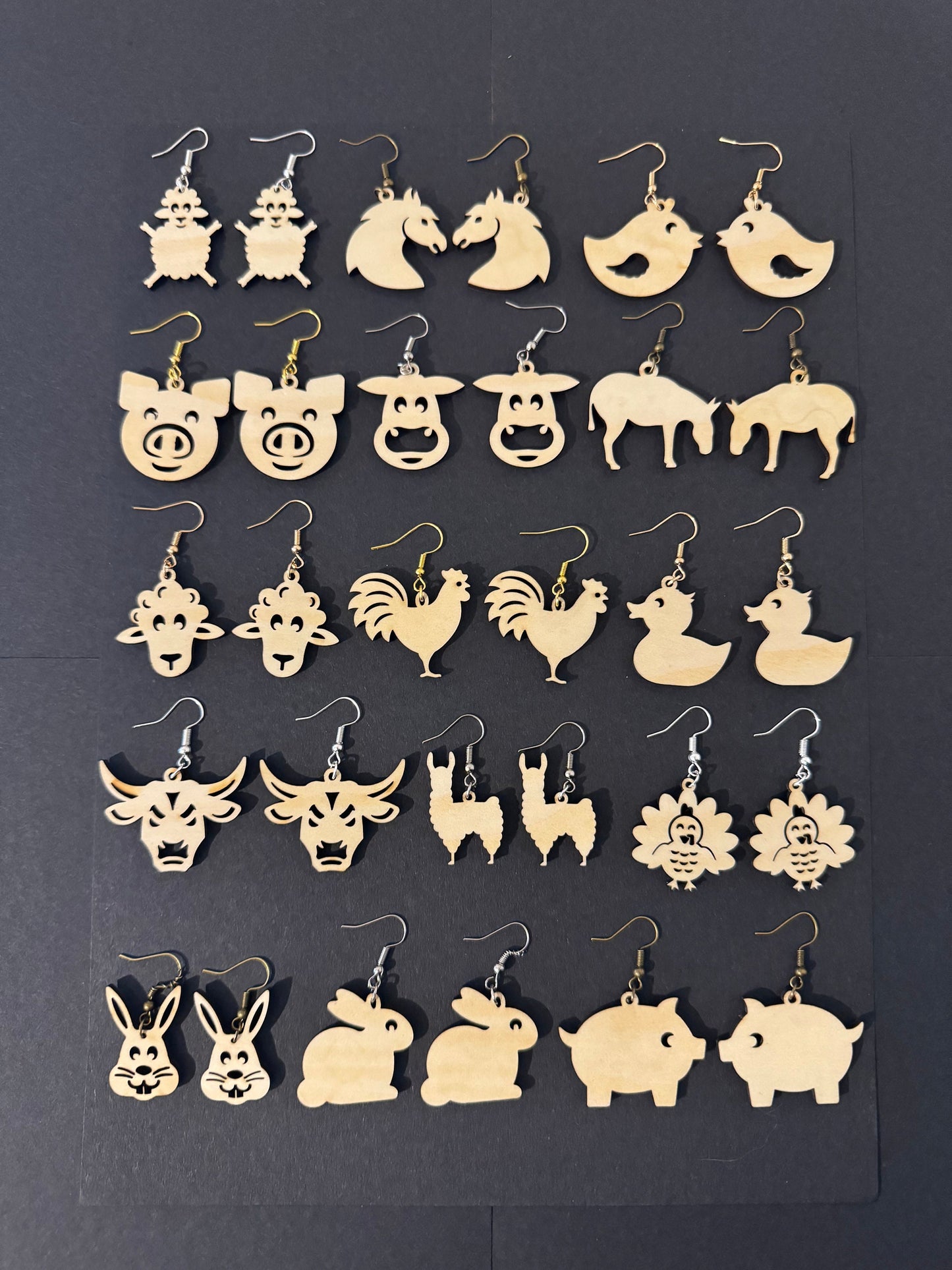 Farm animals wood earrings. Gift, birthday, wedding, anniversary, mothers day, valentines.