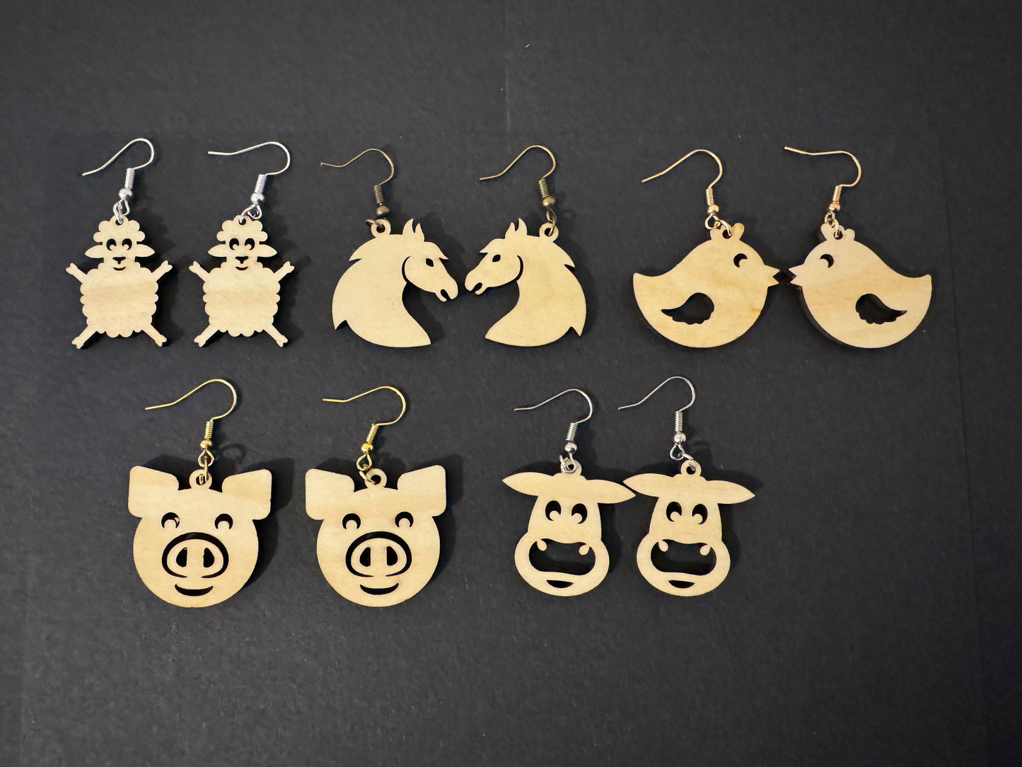 Farm animals wood earrings. Gift, birthday, wedding, anniversary, mothers day, valentines.