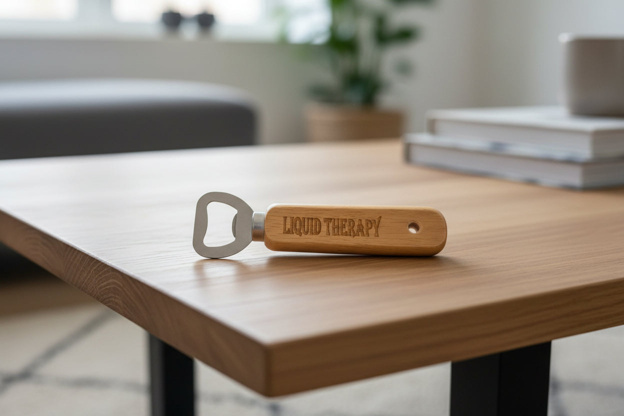 Wooden bottle opener with 'LIQUID THERAPY' engraving on a wooden surface