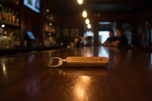 Wooden bottle opener with 'Crack Open A Cold One' engraving on a wooden surface