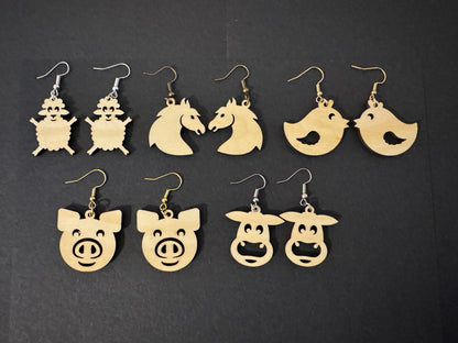 Farm animals wood earrings. Gift, birthday, wedding, anniversary, mothers day, valentines.