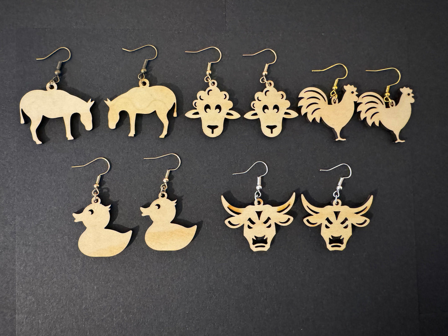 Farm animals wood earrings. Gift, birthday, wedding, anniversary, mothers day, valentines.